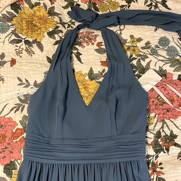 NWT David’s Bridal Vneck Halter Tie Back Dress, Steelblue, Size 10, ALTERED - Picture 2 of 5
